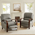 Set of 2 Alex Mid Century Modern Genuine Leather Manual Recliners with Curved Wooden Arms